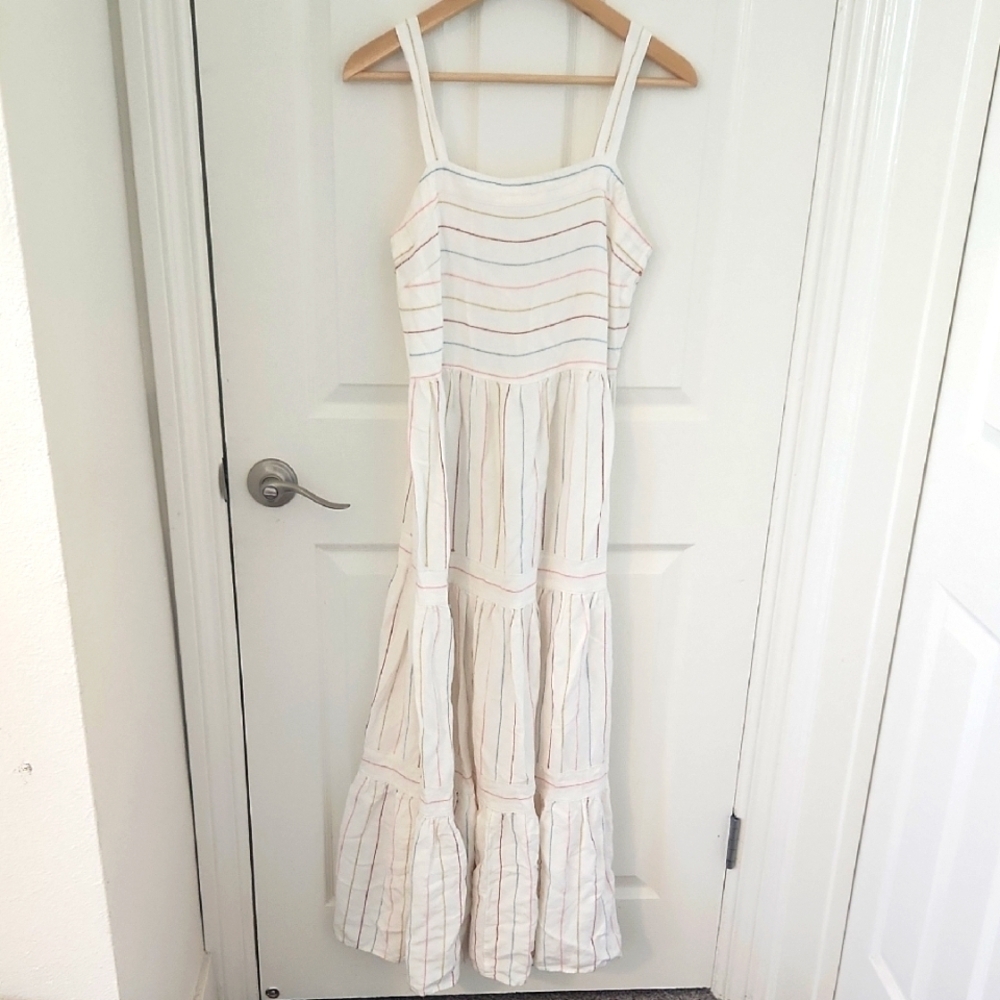 LOFT Linen Cream Colorful Striped Maxi Dress Tiered Striped Flowy Size 4 - Picture 2 of 8